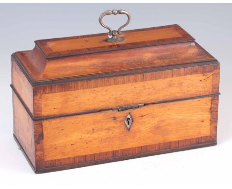 A LATE 18TH CENTURY SATINWOOD AND TULIPWOOD CROSS-BANDED TEA CADDY with moulded hinged caddy top revealing a three sectional 