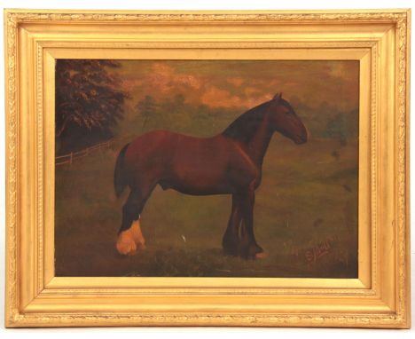 A LATE 19TH CENTURY OIL ON CANVAS portrait of a horse - signed E Butt, in a moulded gilt frame 39cm high 55cm wide.