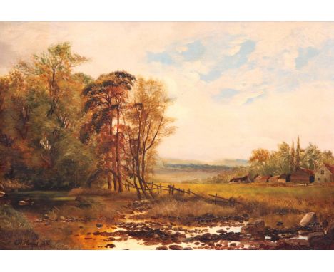 EDWARD HARGITT SCOTTISH 1835 - 1895 OIL ON PANEL Country scene with stream and cottages 33.5cm high 48.5cm wide - signed and 
