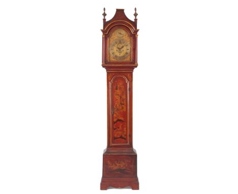 AYL. STOPES LONDON AN EARLY GEORGE III RED LACQUER AND CHINOISERIE DECORATED EIGHT DAY LONGCASE CLOCK the 12"arched brass dia