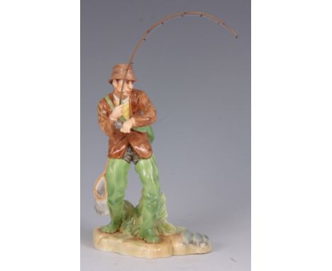 A RARE ROYAL WORCESTER ANGLING FIGURE 'Fly Fishing' inscribed in gold ‘From Royal Worcester to the Fishing Club to Commemorat