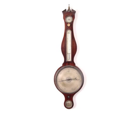 C TARELLI BAMBURY A GEORGE III CHEQUERBAND STRUNG MAHOGANY WHEEL BAROMETER/THERMOMETER WITH HYGROMETER AND LEVELLING DIAL TO 