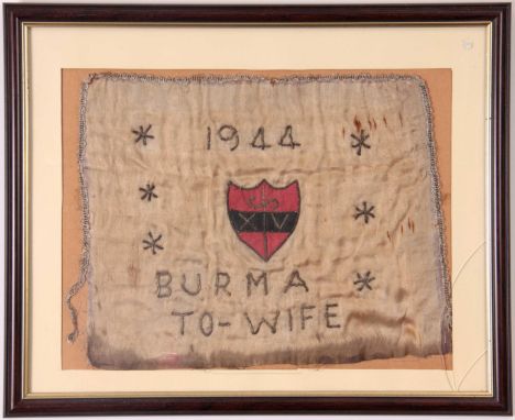 A WW2 SILK EMBROIDERED HANDKERCHIEF dated 1944 with British 14th Army insignia to the centre, the reverse written in pen 'wit