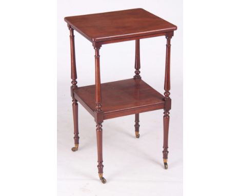 A WILLIAM IV MAHOGANY SQUARE WHATNOT with under shelf joined by ring turned supports; standing on brass cup casters 48cm squa