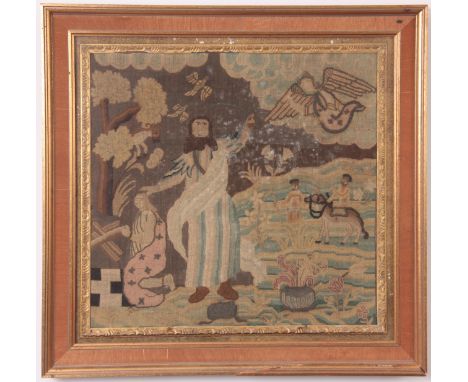 AN EARLY 18TH CENTURY TAPESTRY depicting a religious scene - mounted in a later glazed moulded frame 43cm high 45cm wide.