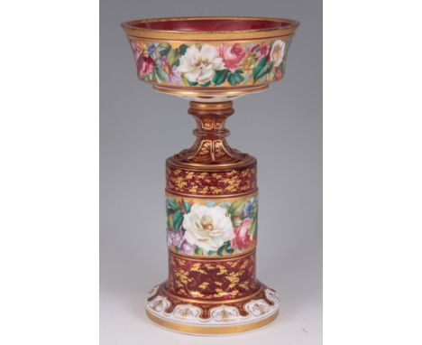 A 19TH CENTURY BOHEMIAN ENAMEL AND GILT WORK RUBY GLASS CENTREPIECE of circular form with faceted stem and plinth base, decor