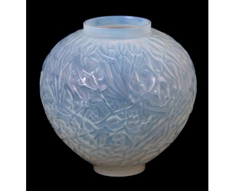 RENE LALIQUE. AN OPALESCENT GLASS GUI VASE of bulbous shape with impressed mark and engraved signature R. Lalique France 17cm