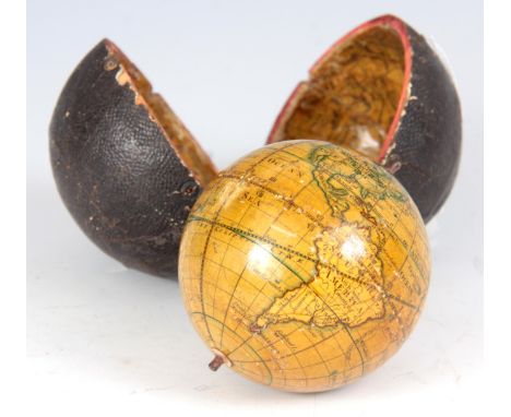 A GEORGE lll CASED 3" POCKET GLOBE BY LANE, LONDON the hand coloured engraved terrestrial sphere with inscribed cartouche "LA