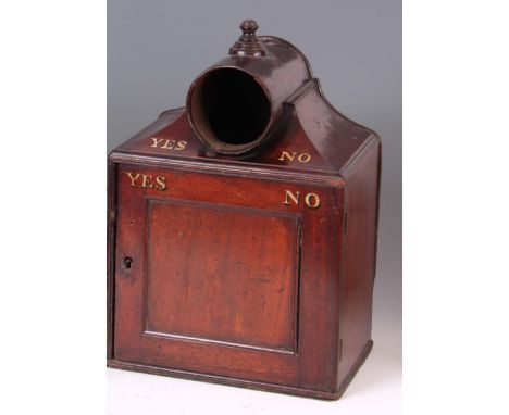 AN UNUSUAL GEORGE III MAHOGANY TABLE BALLOT BOX with rounded funnel caddy top and centre finial above a reed edge panelled do