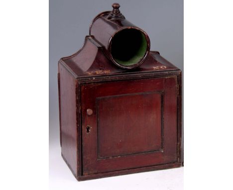 AN UNUSUAL GEORGE III MAHOGANY AND EBONISED TABLE BALLOT BOX with rounded funnel caddy top and centre finial above a reed edg