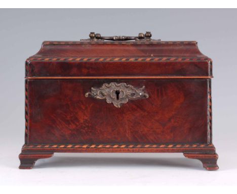 A GEORGE III FLAME MAHOGANY AND CHEQUER BAND STRUNG TEA CADDY with rococo shaped swan-neck handle fitted to the hinged top re