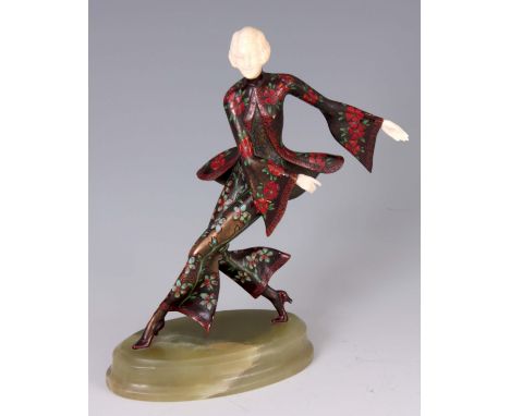 A STYLISH ART DECO COLD PAINTED FIGURE OF A DANCING GIRL with carved ivory head and hands wearing a flowing floral dress -  m