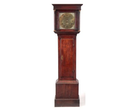 JASON SCHOLFIELD  BARNSLEY A MID 18TH CENTURY OAK LONGCASE CLOCK having a flat top pediment above glazed hinged door flanked 