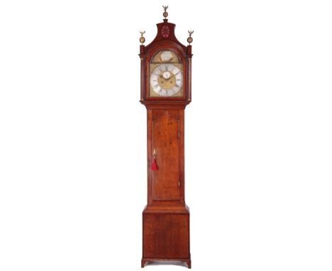 BRANSON HULL   A GEORGE III OAK AND MAHOGANY LONGCASE CLOCK OF SMALL PROPORTIONS having a pagoda top hood with glazed crossba