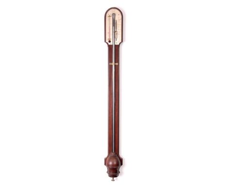 A GOOD 19TH CENTURY MAHOGANY STICK BAROMETER the engraved calibrated silvered dial with alcohol thermometer and sliding verni