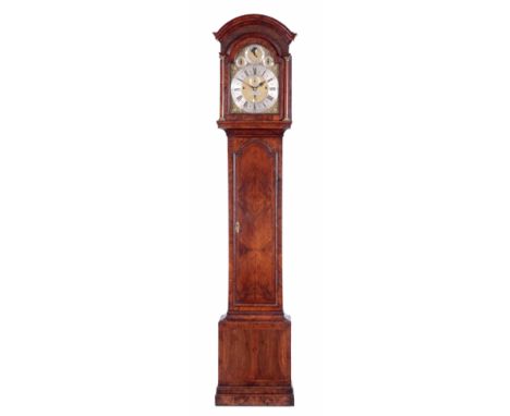 GEORGE CLARKE LONDON   A GEORGE II WALNUT MUSICAL LONGCASE CLOCK the arched hood having a blind fret above an arched glazed d