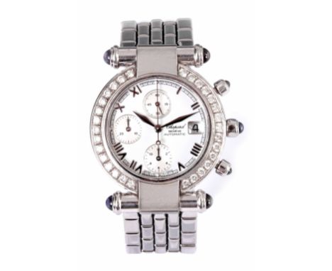 A LARGE LADIES STEEL AMETHYST AND DIAMOND SET CHOPARD CHRONOGRAPH WRIST WATCH on original steel bracelet, the case having a d