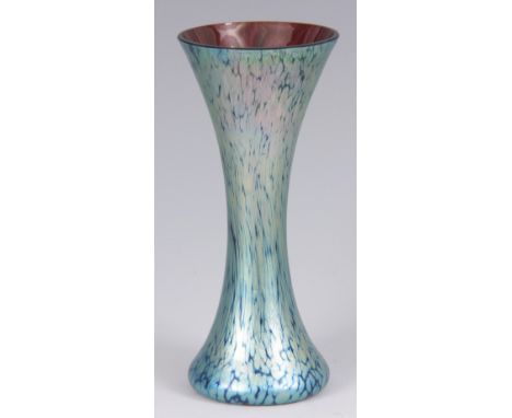 AN ART NOUVEAU LOETZ PAPILLON GLASS TAPERING VASE having blue butterfly wing lustre 19cm high 