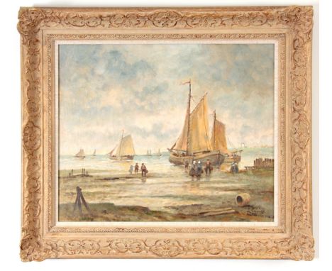 R. MULDERS 20TH CENTURY OIL ON CANVAS Fisherman and women unloading thier catch at low tide 49.5cm high, 59.5cm wide - signed