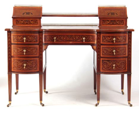 A GOOD EDWARDIAN INLAID AND SATINWOOD CROSS-BANDED MAHOGANY WRITING DESK probably made by Edwards &amp; Roberts Numbered 9298