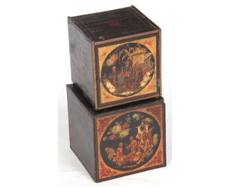 TWO LATE 18TH CENTURY CHINOISERIE DECORATED LACQUERED TEA BOXES with circular panel fronts depicting figures in garden settin