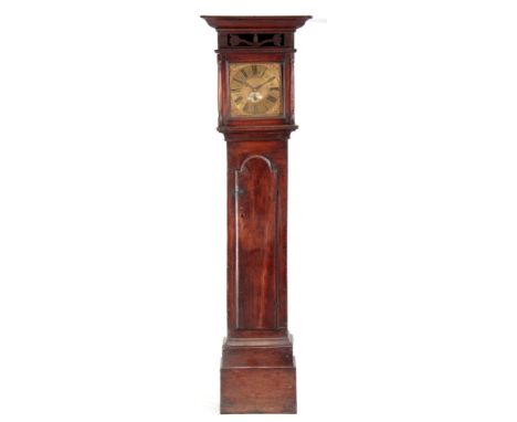 F. BAYLEY UTTOXETER  AN EARLY 18TH CENTURY OAK LONGCASE CLOCK the hood with large ogee moulded pediment above a floral pierce