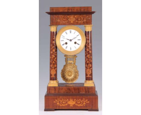 A MID 19TH CENTURY FRENCH ROSEWOOD INLAID PORTICO CLOCK having floral boxwood inlay and ormolu capped pillars supporting a 4"