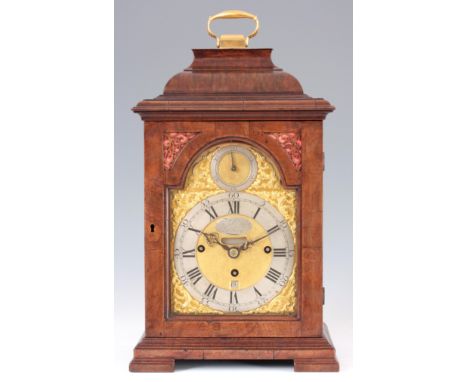 THOMAS BATTELY LONDON  A SMALL GEORGE II WALNUT QUARTER CHIMING BRACKET CLOCK the case of good proportions having an inverted