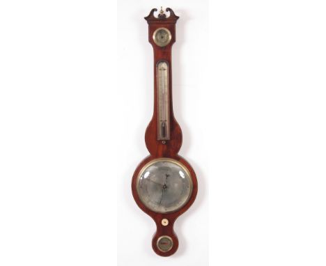 T PENSA & SON 5 GREVILLE St LONDON A LATE GEORGIAN MAHOGANY WHEEL BAROMETER/THERMOMETER with swan-neck pediment and string in