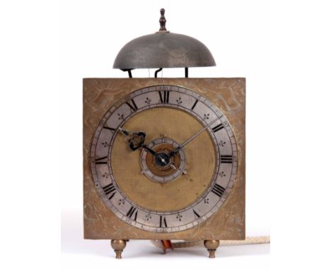 AN EARLY 18TH CENTURY VERGE HOOK AND SPIKE WALL CLOCK the 7" square brass dial with finely engraved spandrels and silvered Ro