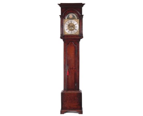 ROBERTS OTLEY   A GEORGE II OAK AND YEW WOOD CROSS BANDED LONGCASE CLOCK the flat top hood with greek key moulded cornice abo