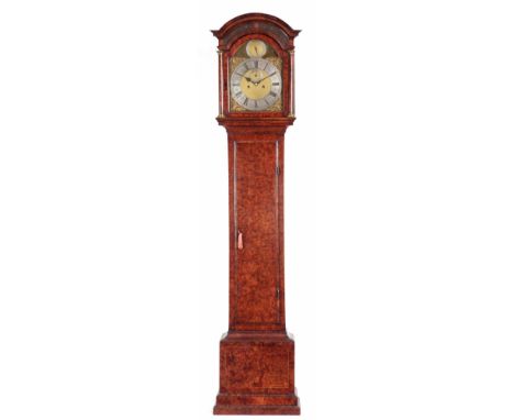 WILLIAM HALSTED  LONDON AN EARLY 18TH CENTURY BURR ELM LONGCASE CLOCK the arched moulded hood with pierced wood fret above a 