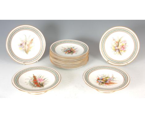 A LATE 19TH CENTURY ROYAL WORCESTER PART DINNER SERVICE comprising of 12 plates and two-footed tazzas, decorated with hand-pa