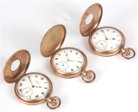 THREE GOLD PLATED POCKET WATCHES the first Waltham half hunter with Roman numerals and subsidiary seconds dial fronting a key