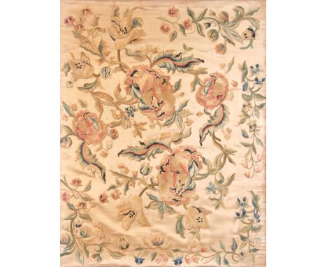 A 19TH CENTURY SILK EMBROIDERED PANEL depicting sprays of flowers - in a glazed gilt moulded frame 56cm high 44cm wide.