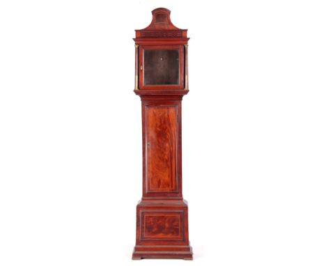 AN 18TH CENTURY INLAID FIGURED MAHOGANY GRANDFATHER CLOCK CASE with pagoda top hood, blind fretwork side panels and stop bras