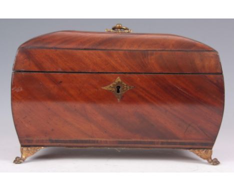 A LATE GEORGIAN FIGURED MAHOGANY AND EBONY STRUNG BOMBE SHAPED TEA CADDY with brass loop handle mounts to the sides and lid s