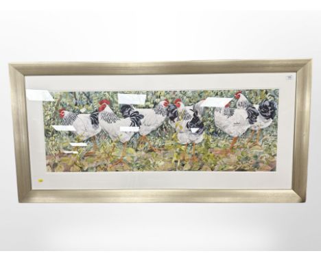 Mary Ann Rogers (British, Contemporary) : A Flock of Light Sussexes, watercolour, signed in pencil, 42 cm x 119 cm, framed. 