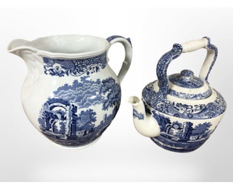 A large Copeland Spode Italian blue and white jug, height 30cm, and a further teapot (the latter as found).