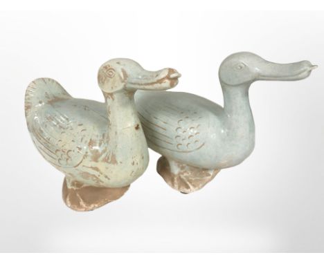 A pair of Spanish ceramic figures of ducks by Becara, length 32cm. CONDITION REPORT: One with restored neck.