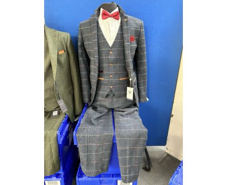 A gent's Marc Darcy blue tweed three piece suit, chest size 40, trousers 36 regular, with a white formal dress shirt and a bo