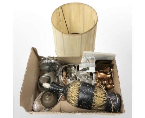 A ceramic lamp base, group of metal wares including miniature copper jugs, Indian engraved brass box, silver-plated gong, two
