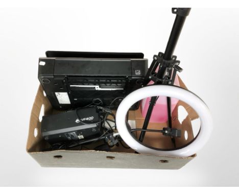A ring light with tripod stand, smoke machine, HP printer, etc. (1 box)