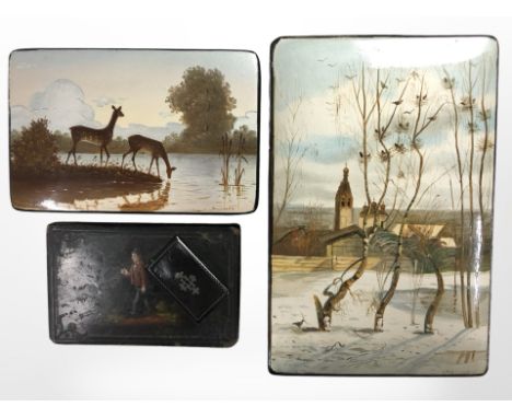 Two Russian lacquered trinket boxes marked made in USSR, largest 13.5cm wide, together with a 19th-century papier-mâché snuff