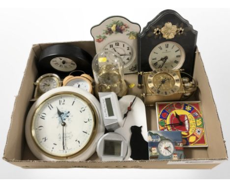 A group of assorted quartz wall and mantle timepieces, clock under dome, reproduction lantern clock, etc. (1 box)