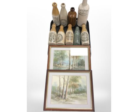 A group of stone ware and glass bottles bearing advertising including Hopper & Anderson Morpeth, Bewick Brothers Blaydon on T