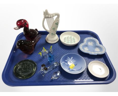 A Belleek porcelain harp, a Wedgwood Jasperware clover-shaped dish, Royal Copenhagen pin dish, Italian glass animal ornaments