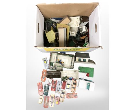 A group of vintage Scalextric cars and a further box of Scalectrix track, buildings and components 