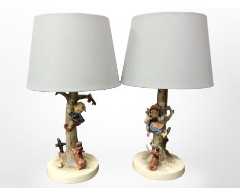 A pair of Goebel figural lamp bases with shades.