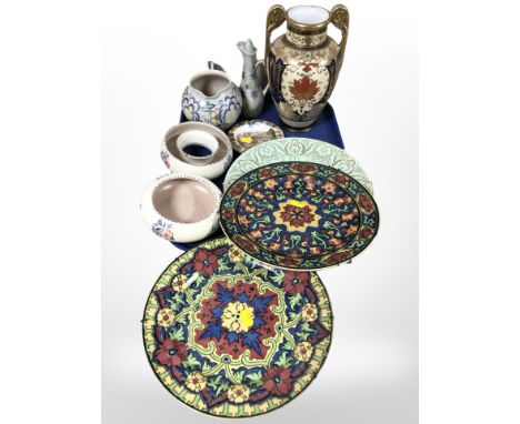 A group of Poole bowls, jug, Noritake twin-handled porcelain vase, Royal Doulton plates, etc.